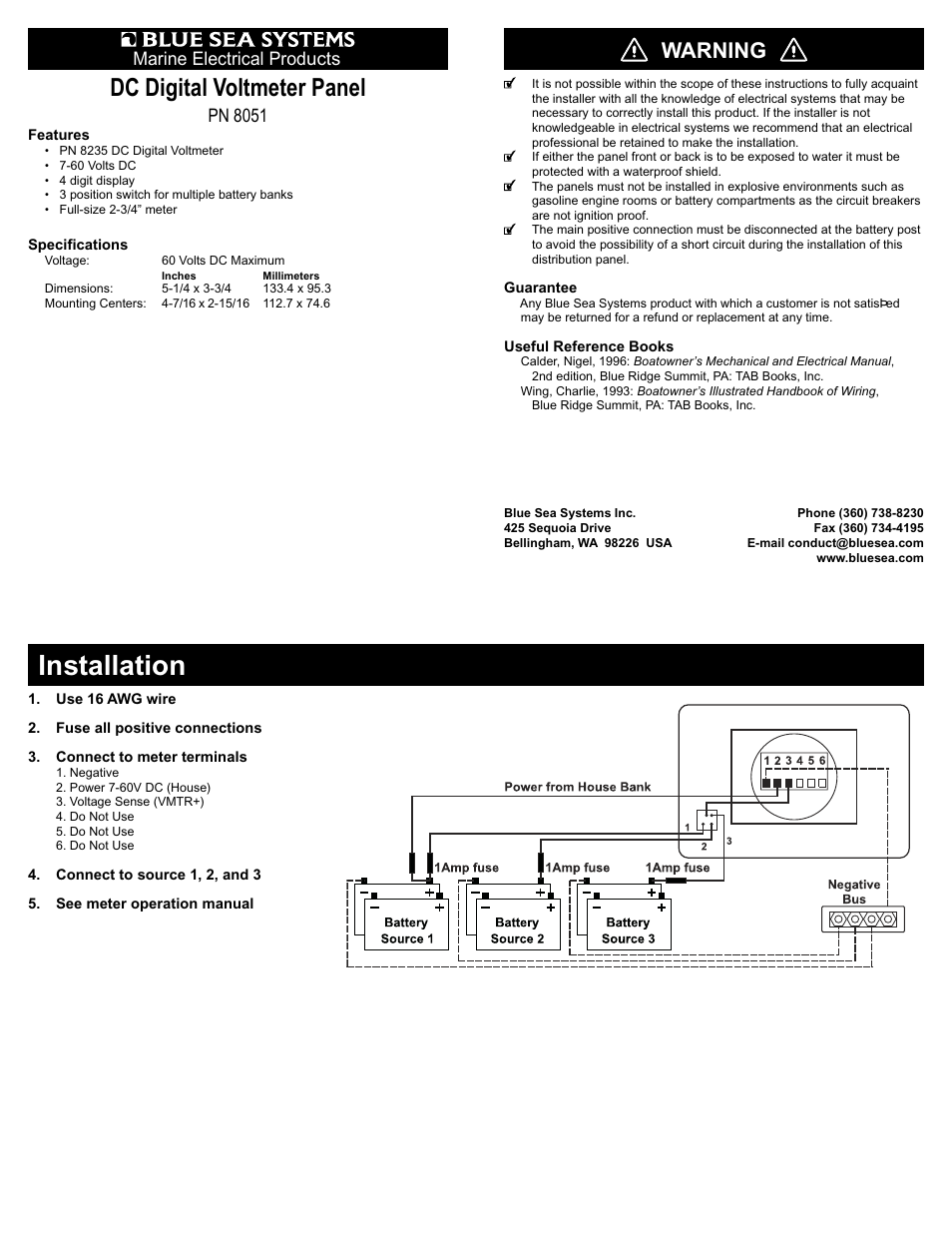 Blue Sea Systems 8051 Digital Voltmeter Panel - 7 to 60V DC User Manual | 1 page