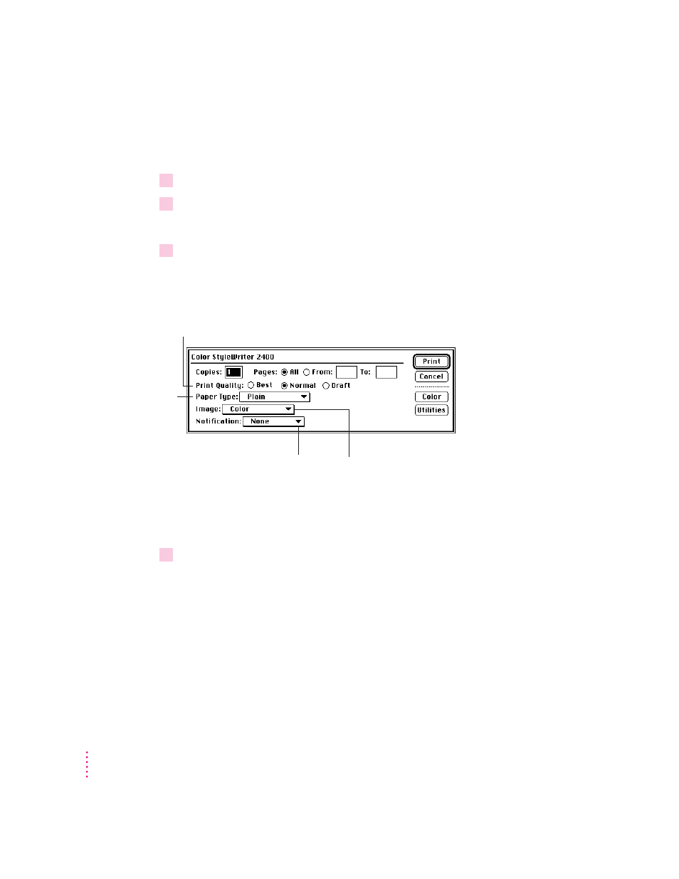 Printing a document | Apple COLOR STYLEWRITER 2400 User Manual | Page 32 / 102