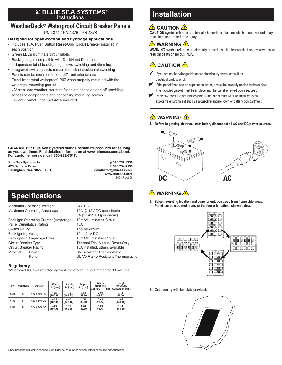 Blue Sea Systems 4374 WeatherDeck 12V DC Waterproof Circuit Breaker Panel - Gray 4 Positions User Manual | 2 pages