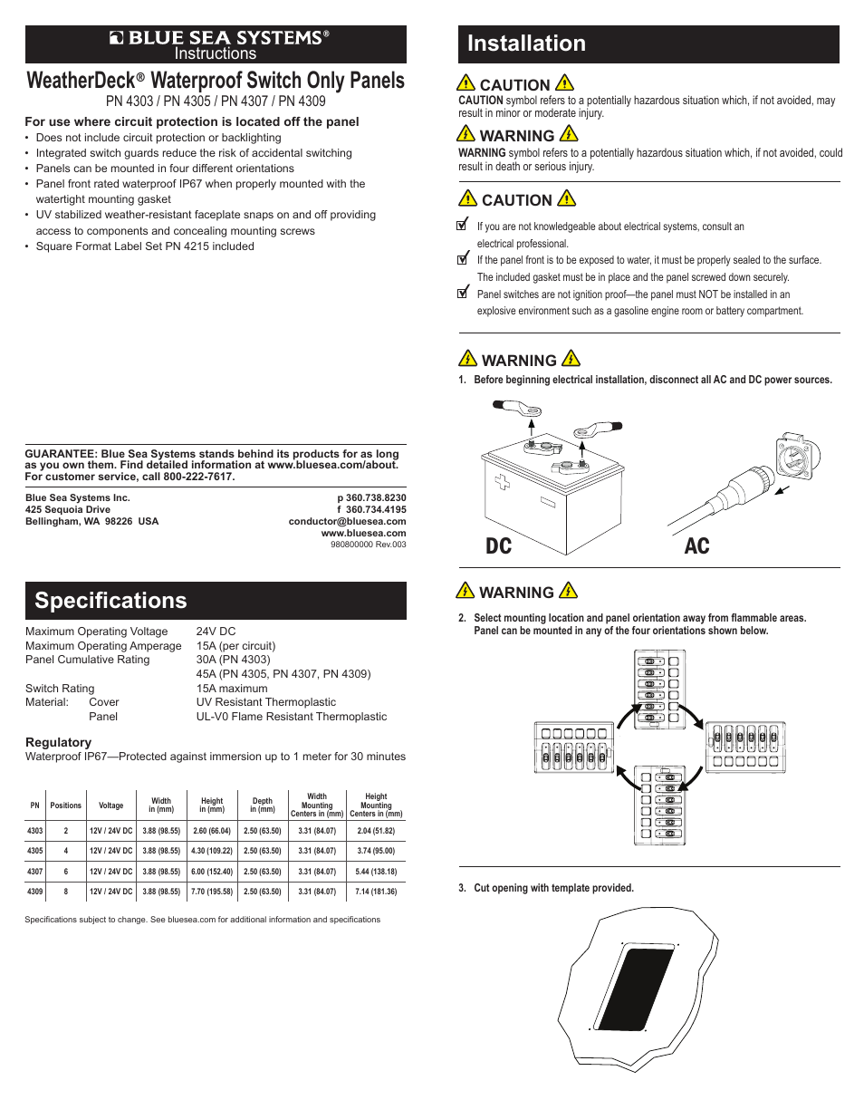 Blue Sea Systems 4303 WeatherDeck 12V DC Waterproof Switch Panel - 2 Position User Manual | 2 pages