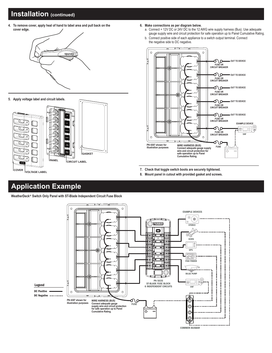 Installation, Application example, Continued) | Blue Sea Systems 4303 WeatherDeck 12V DC Waterproof Switch Panel - 2 Position User Manual | Page 2 / 2