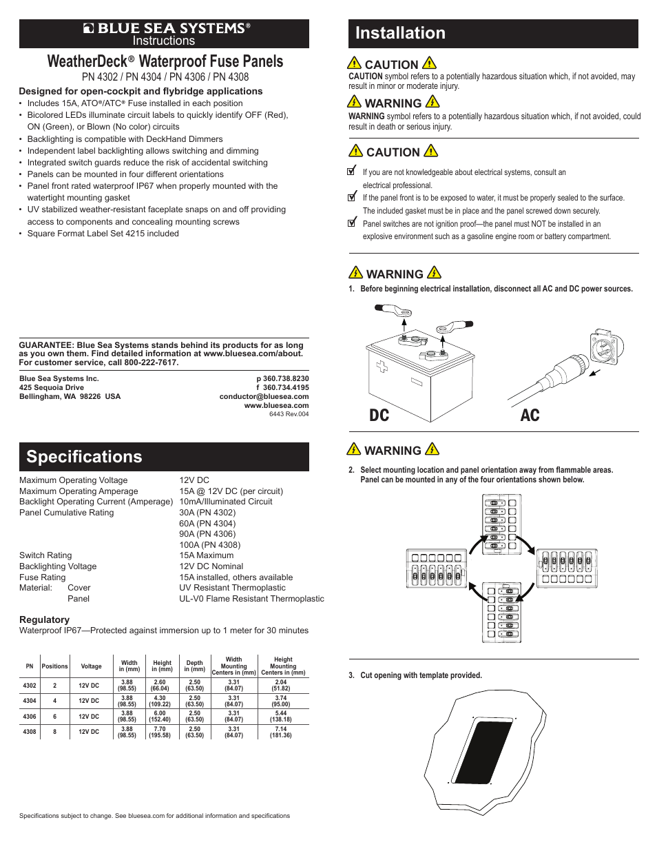 Blue Sea Systems 4302 WeatherDeck 12V DC Waterproof Fuse Panel - Gray 2 Positions User Manual | 2 pages