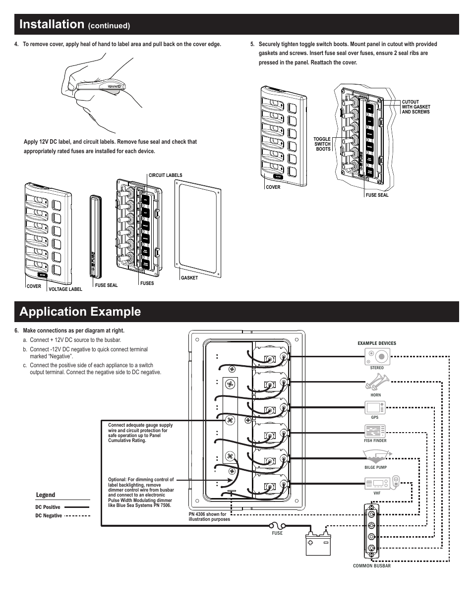Installation, Application example, Continued) | Blue Sea Systems 4302 WeatherDeck 12V DC Waterproof Fuse Panel - Gray 2 Positions User Manual | Page 2 / 2