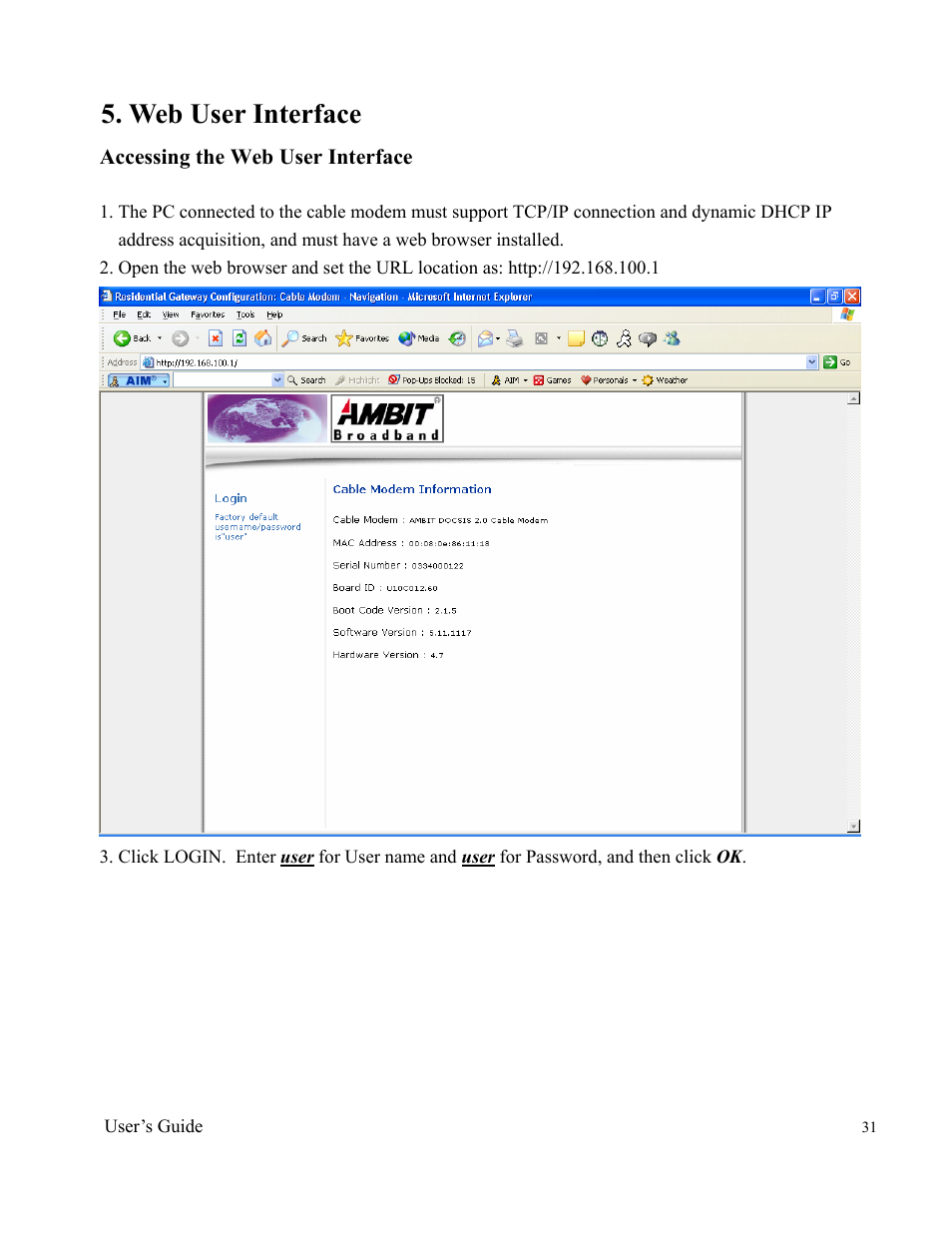 Web user interface | Ambit Cable Modem Router U10C012 User Manual | Page 31 / 55