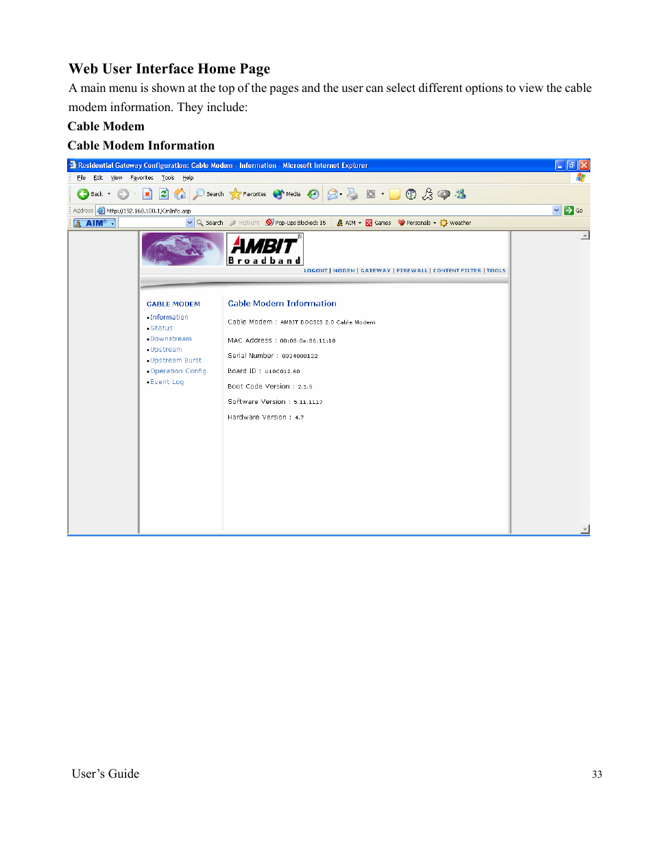 Web user interface home page | Ambit Cable Modem Router U10C012 User Manual | Page 33 / 55