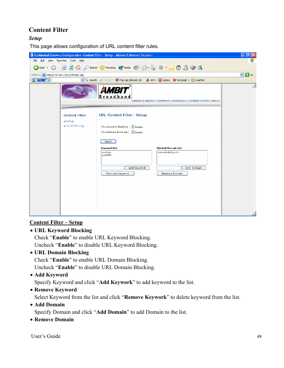 Content filter | Ambit Cable Modem Router U10C012 User Manual | Page 48 / 55