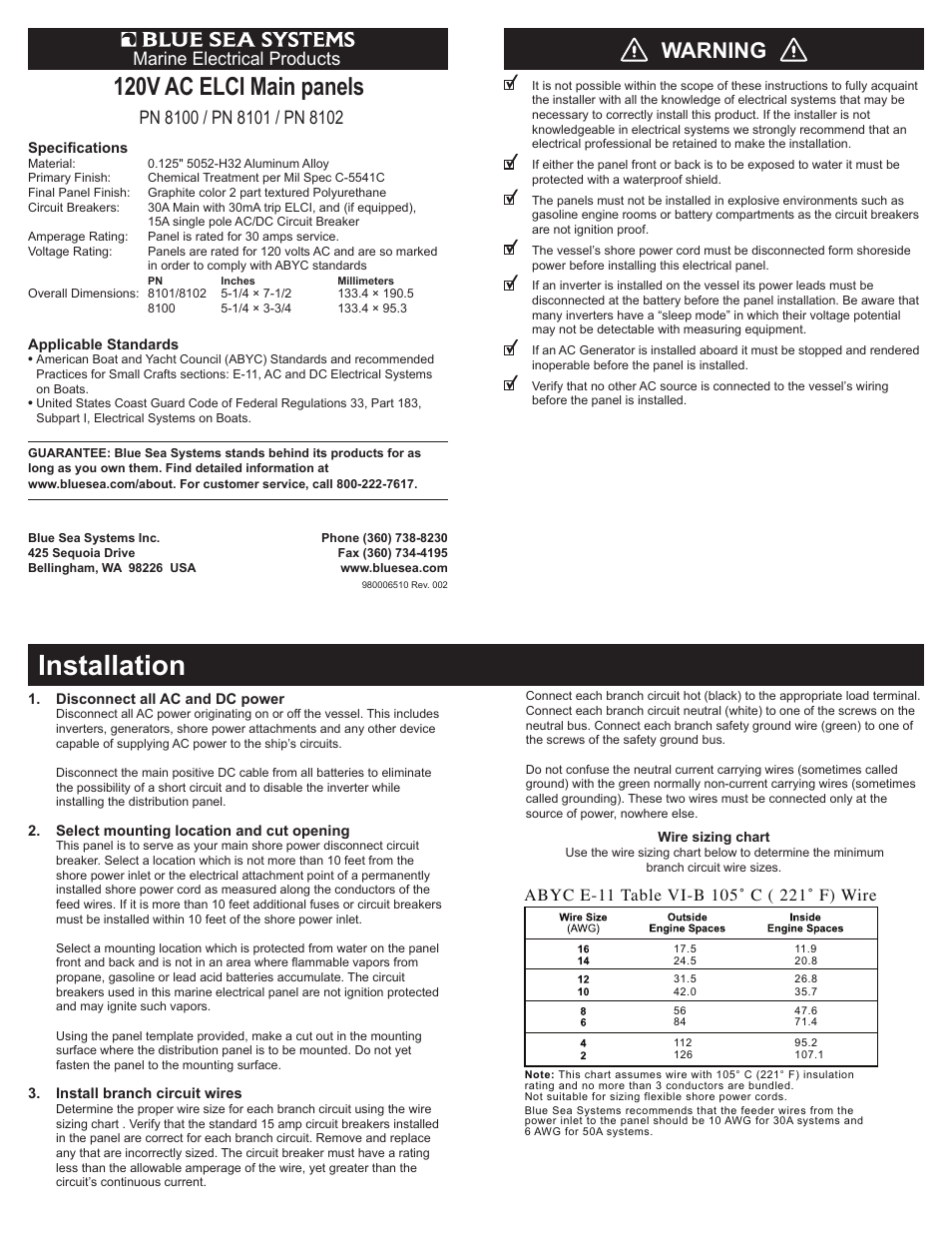 Blue Sea Systems 8100 ELCI Main 30A Double Pole User Manual | 2 pages