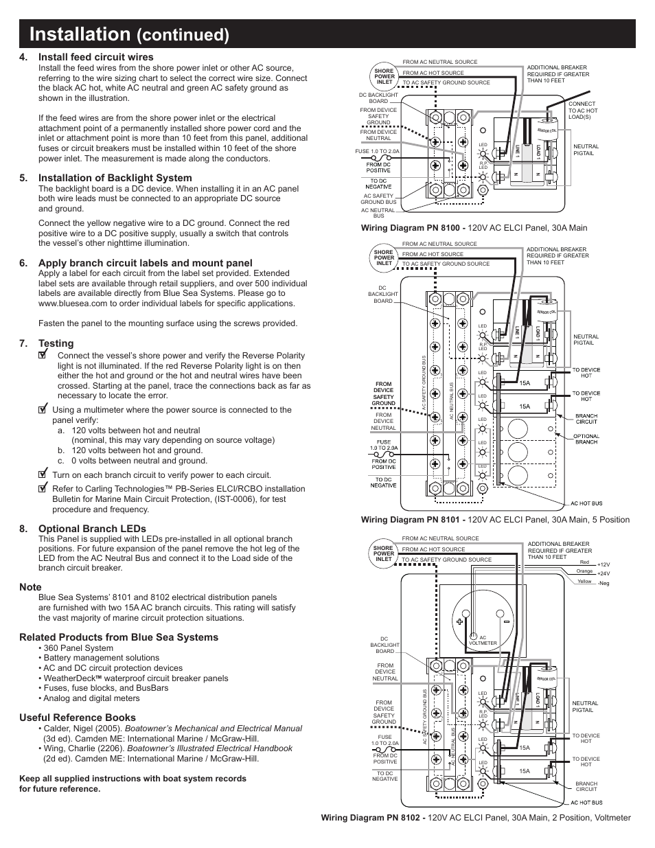 Installation, Continued), Install feed circuit wires | Installation of backlight system, Apply branch circuit labels and mount panel, Testing, Optional branch leds, Related products from blue sea systems, Useful reference books | Blue Sea Systems 8100 ELCI Main 30A Double Pole User Manual | Page 2 / 2