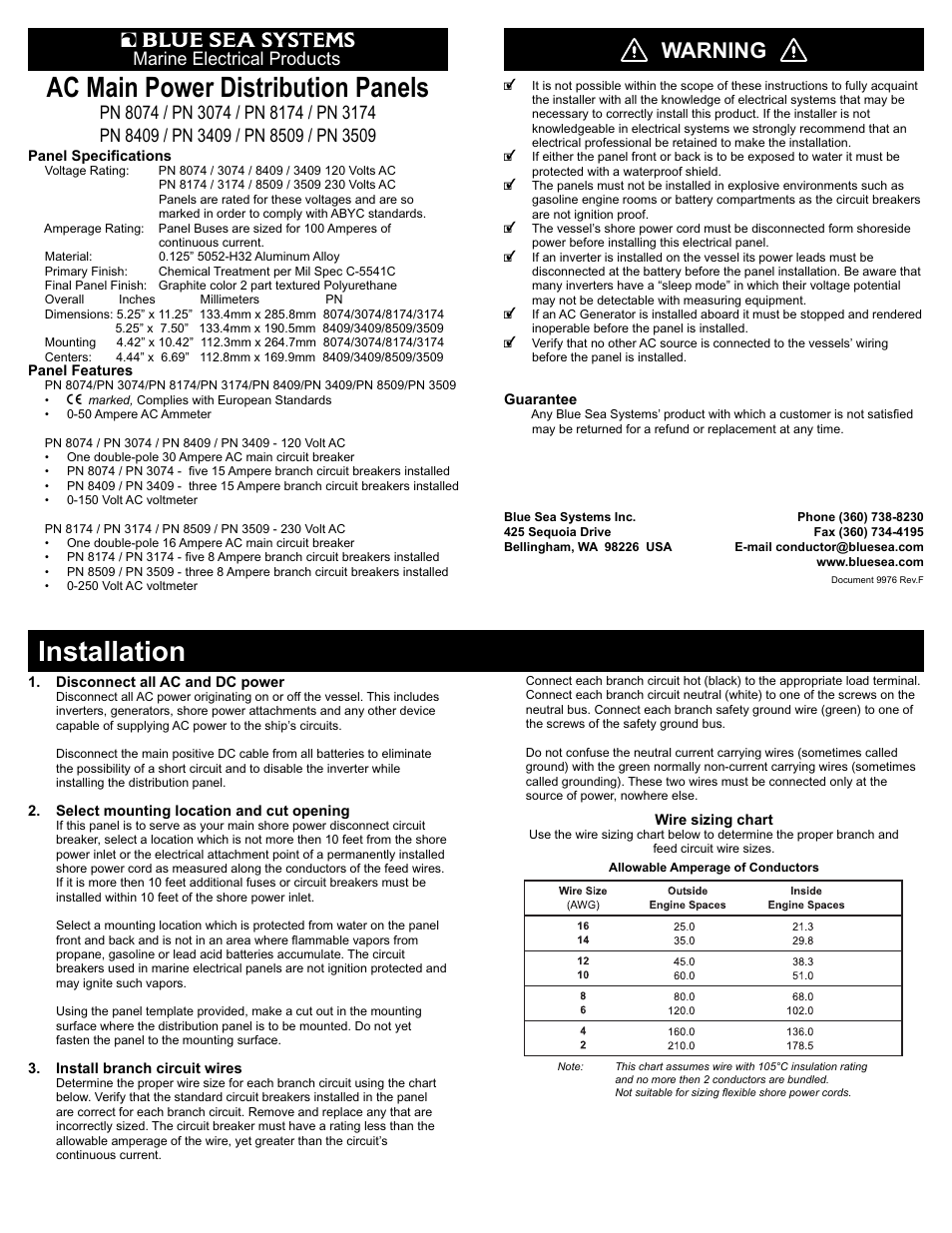 Blue Sea Systems 8509 AC Main + 3 Positions [European] User Manual | 2 pages