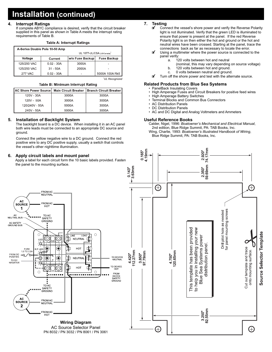 Installation, Continued) | Blue Sea Systems 8032 Traditional Metal Panel - 120V AC 30A Toggle Source Selector User Manual | Page 2 / 2