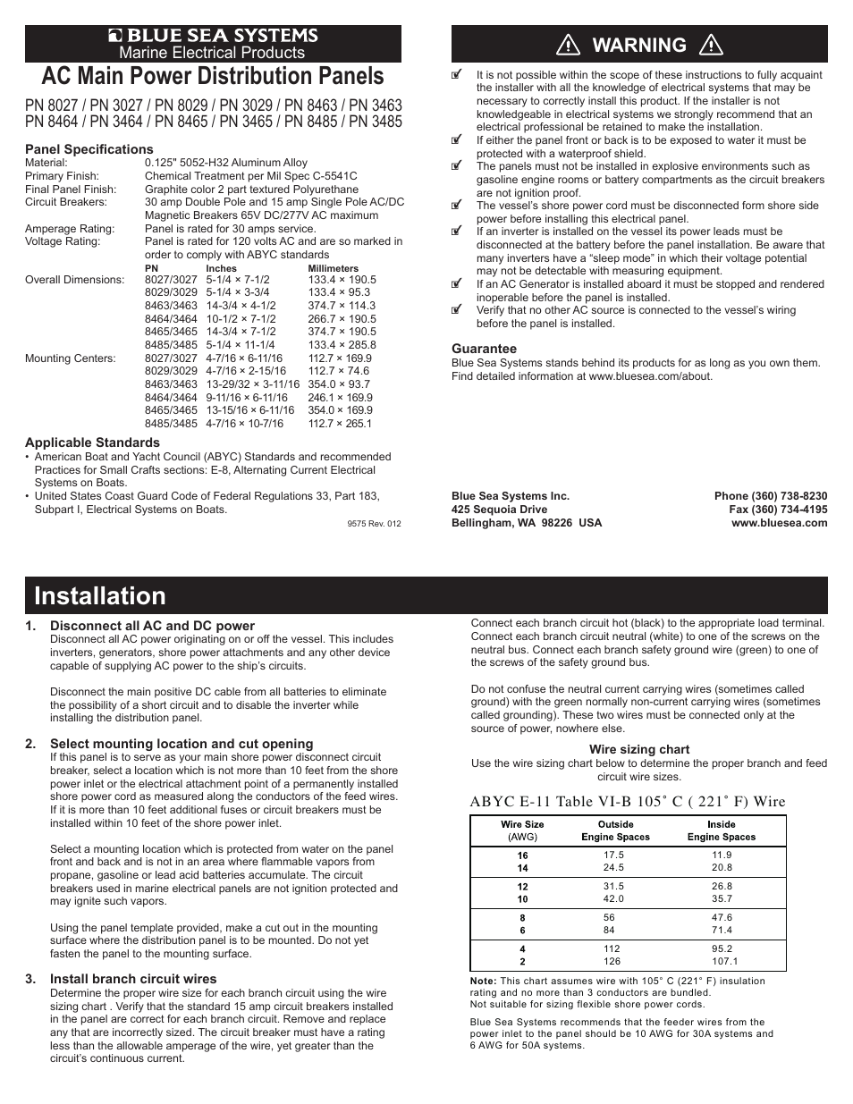 Blue Sea Systems 8464 AC Main + 14 Positions User Manual | 2 pages