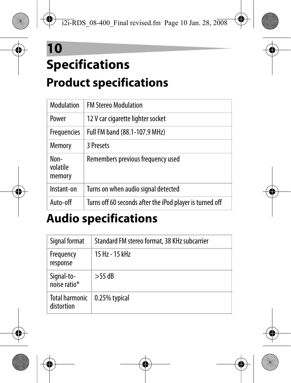 Specifications, Product specifications, Audio specifications | Product specifications audio specifications | Aerielle Technologies i2i-RDS User Manual | Page 10 / 50