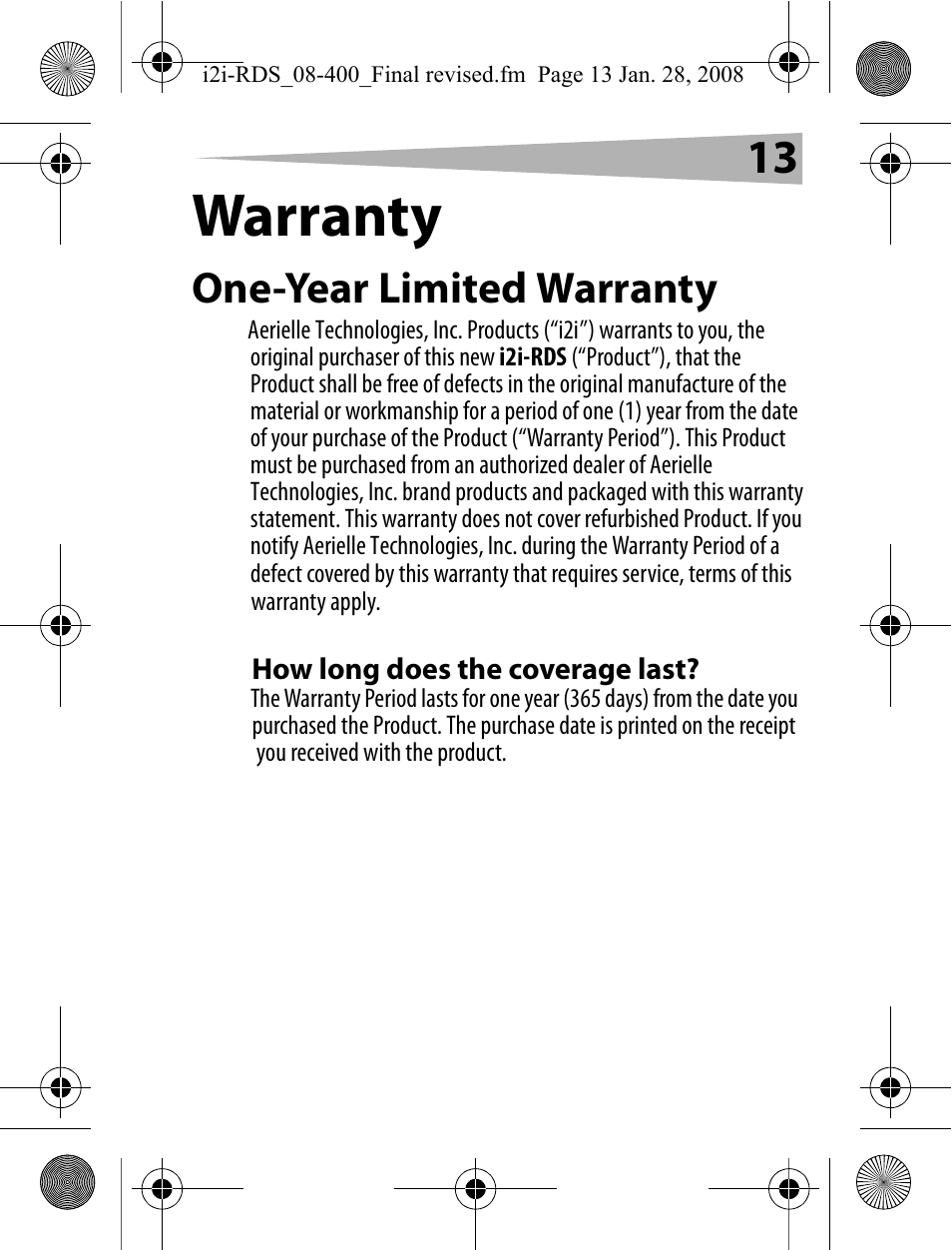 Warranty, One-year limited warranty, How long does the coverage last | Aerielle Technologies i2i-RDS User Manual | Page 13 / 50
