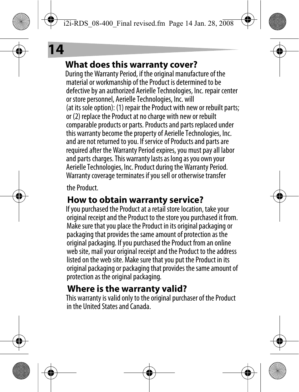 What does this warranty cover, How to obtain warranty service, Where is the warranty valid | Aerielle Technologies i2i-RDS User Manual | Page 14 / 50