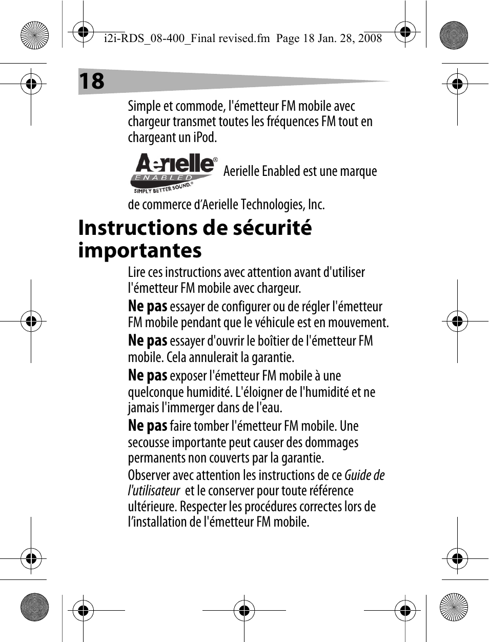 Instructions de sécurité importantes | Aerielle Technologies i2i-RDS User Manual | Page 18 / 50