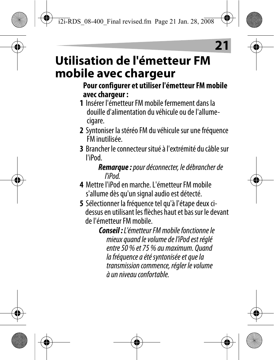 Utilisation de l'émetteur fm mobile avec chargeur | Aerielle Technologies i2i-RDS User Manual | Page 21 / 50
