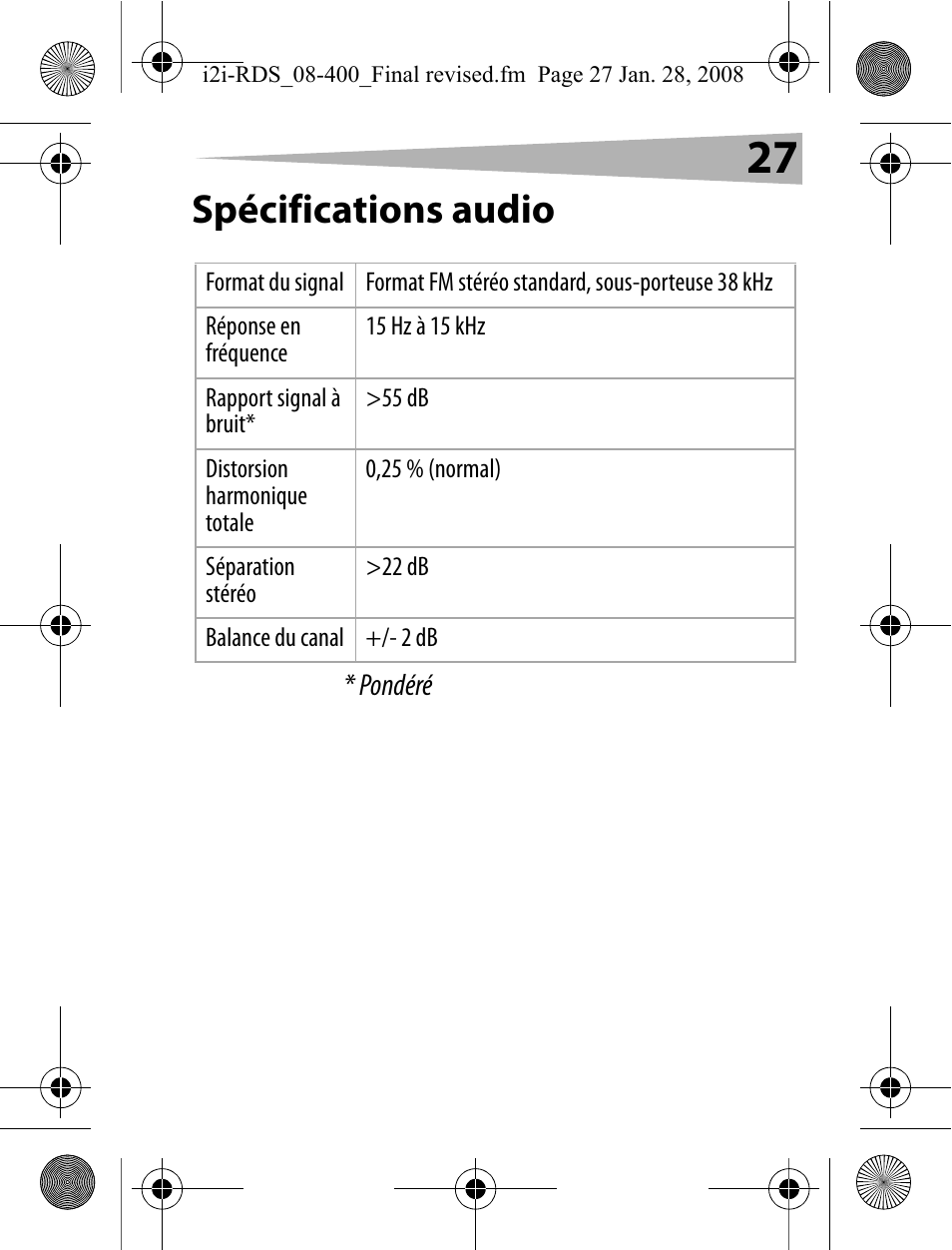 Spécifications audio | Aerielle Technologies i2i-RDS User Manual | Page 27 / 50