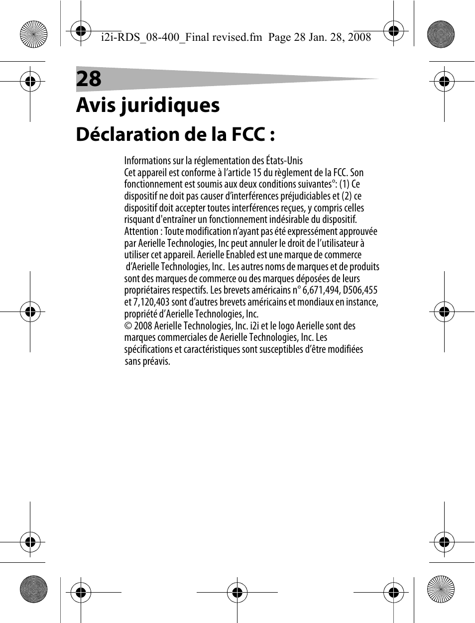 Avis juridiques, Déclaration de la fcc | Aerielle Technologies i2i-RDS User Manual | Page 28 / 50