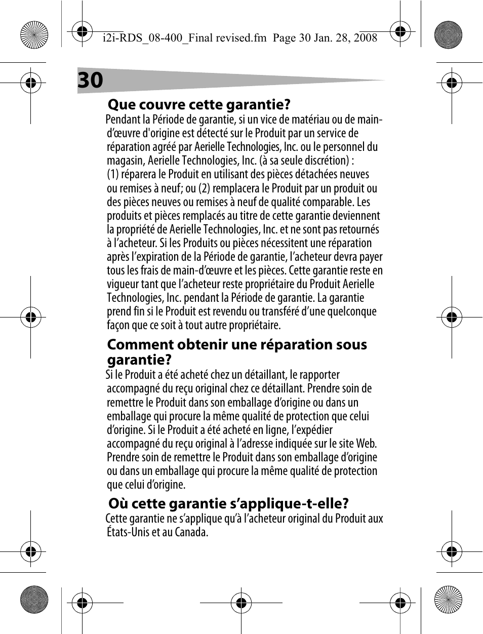 Que couvre cette garantie, Comment obtenir une réparation sous garantie, Où cette garantie s’applique-t-elle | Aerielle Technologies i2i-RDS User Manual | Page 30 / 50