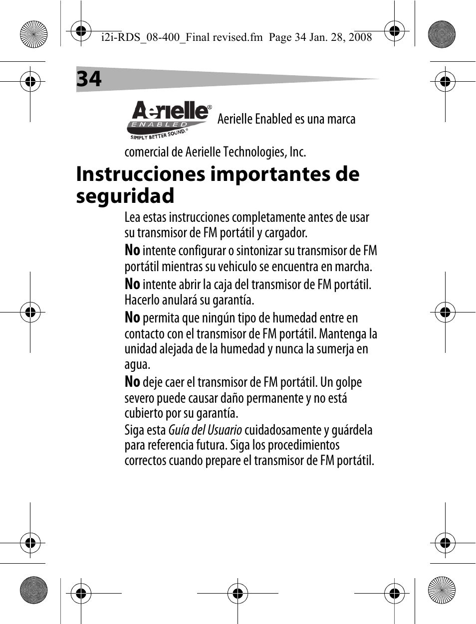 Instrucciones importantes de seguridad | Aerielle Technologies i2i-RDS User Manual | Page 34 / 50