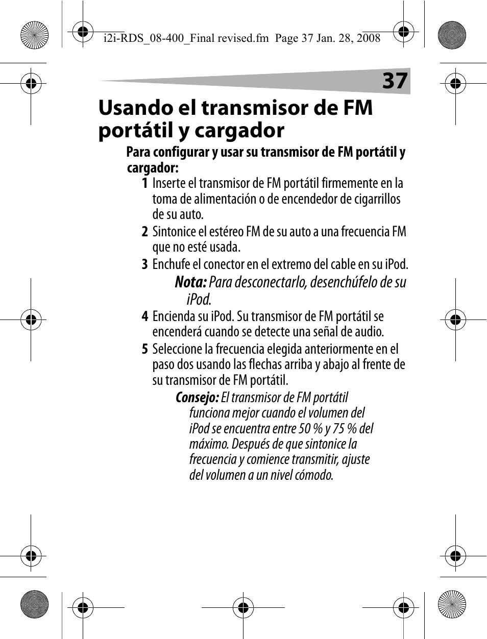 Usando el transmisor de fm portátil y cargador | Aerielle Technologies i2i-RDS User Manual | Page 37 / 50