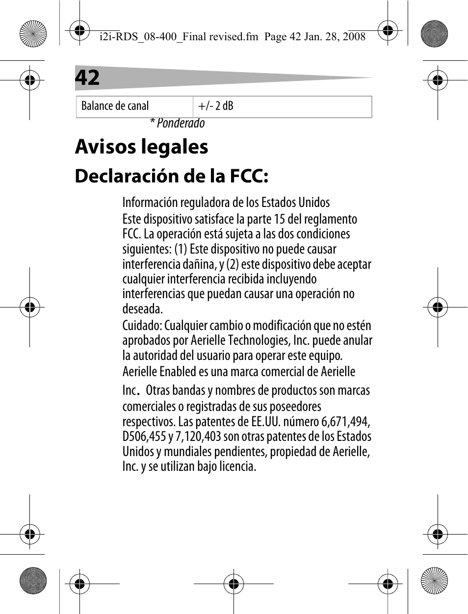 Avisos legales, Declaración de la fcc | Aerielle Technologies i2i-RDS User Manual | Page 42 / 50