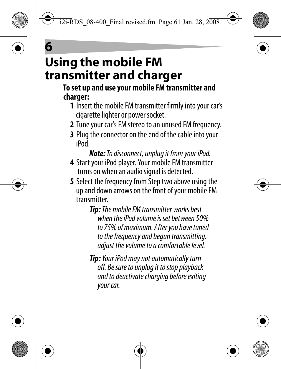 Using the mobile fm transmitter and charger | Aerielle Technologies i2i-RDS User Manual | Page 6 / 50