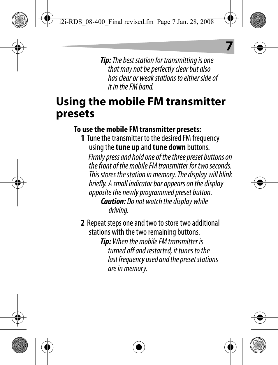 Using the mobile fm transmitter presets, To use the mobile fm transmitter presets | Aerielle Technologies i2i-RDS User Manual | Page 7 / 50