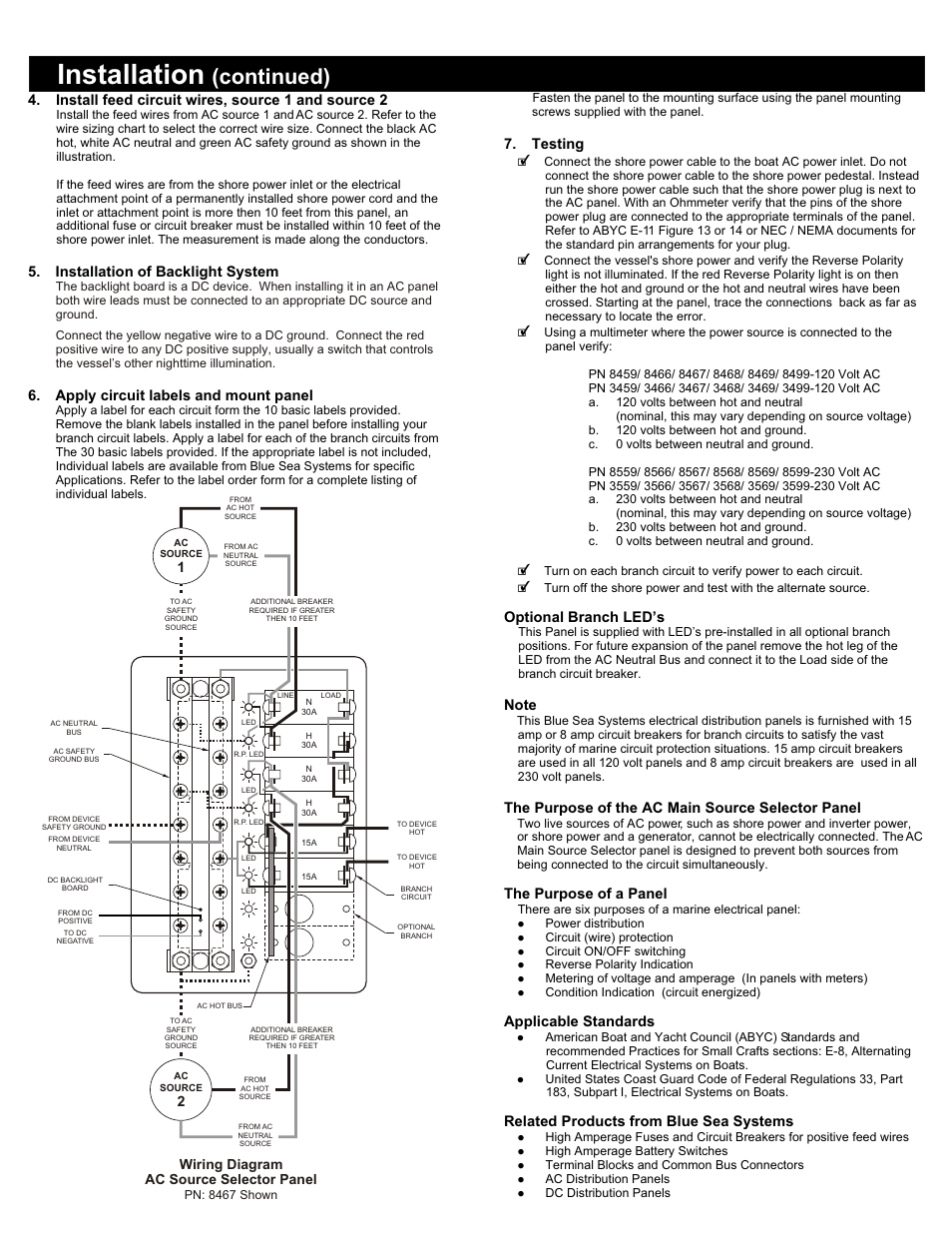 Installation, Continued), Testing | The purpose of a panel, Applicable standards, Related products from blue sea systems, Optional branch led’s, The purpose of the ac main source selector panel, Install feed circuit wires, source 1 and source 2, Installation of backlight system | Blue Sea Systems 8499 AC 2 Sources + 4 Positions User Manual | Page 2 / 2