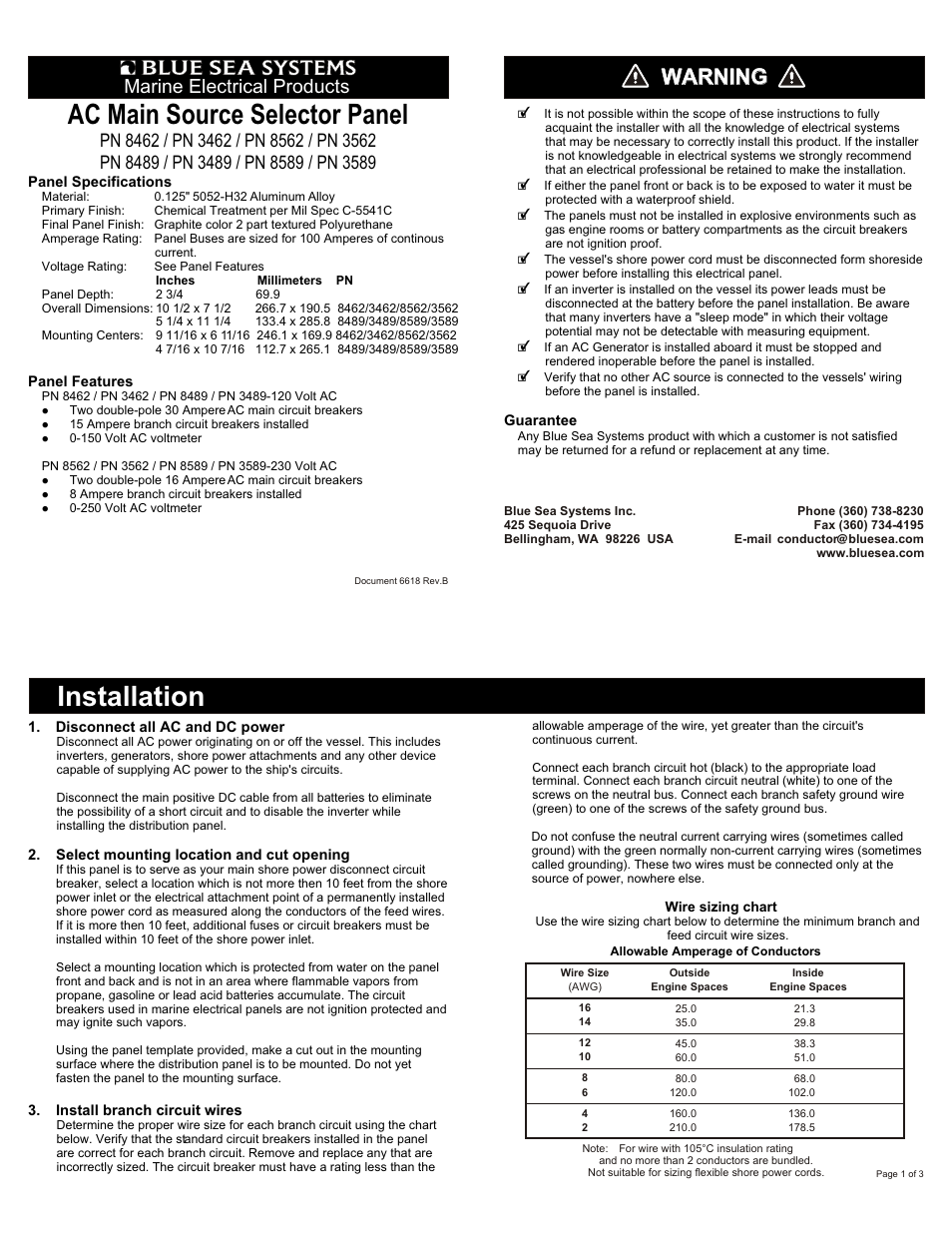 Blue Sea Systems 8489 AC 2 Sources + 6 Positions User Manual | 3 pages