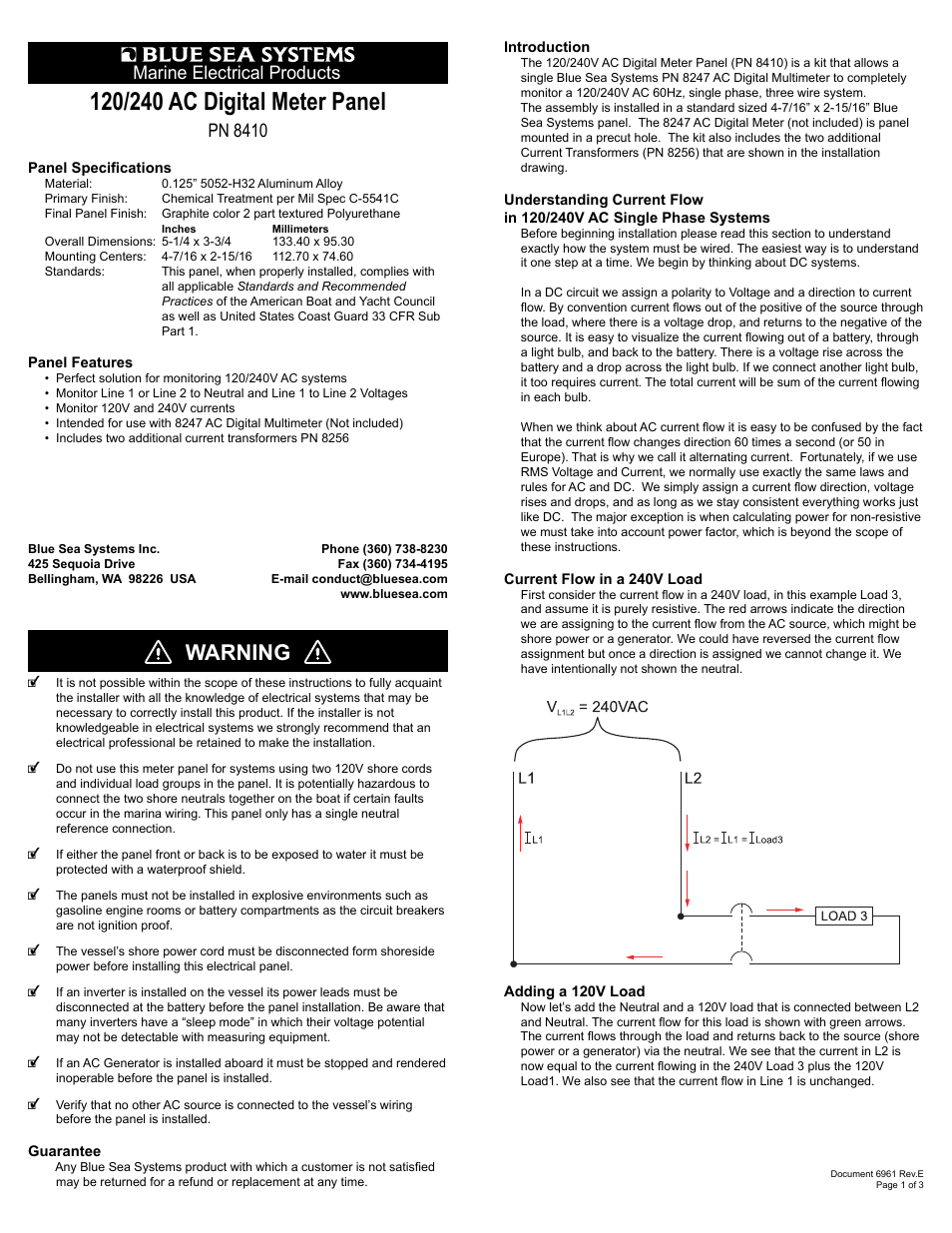 Blue Sea Systems 8410 AC Digital Meter Panel - 240V AC User Manual | 3 pages