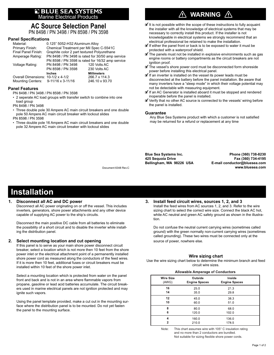 Blue Sea Systems 8498 AC 3 Sources - Horizontal User Manual | 2 pages