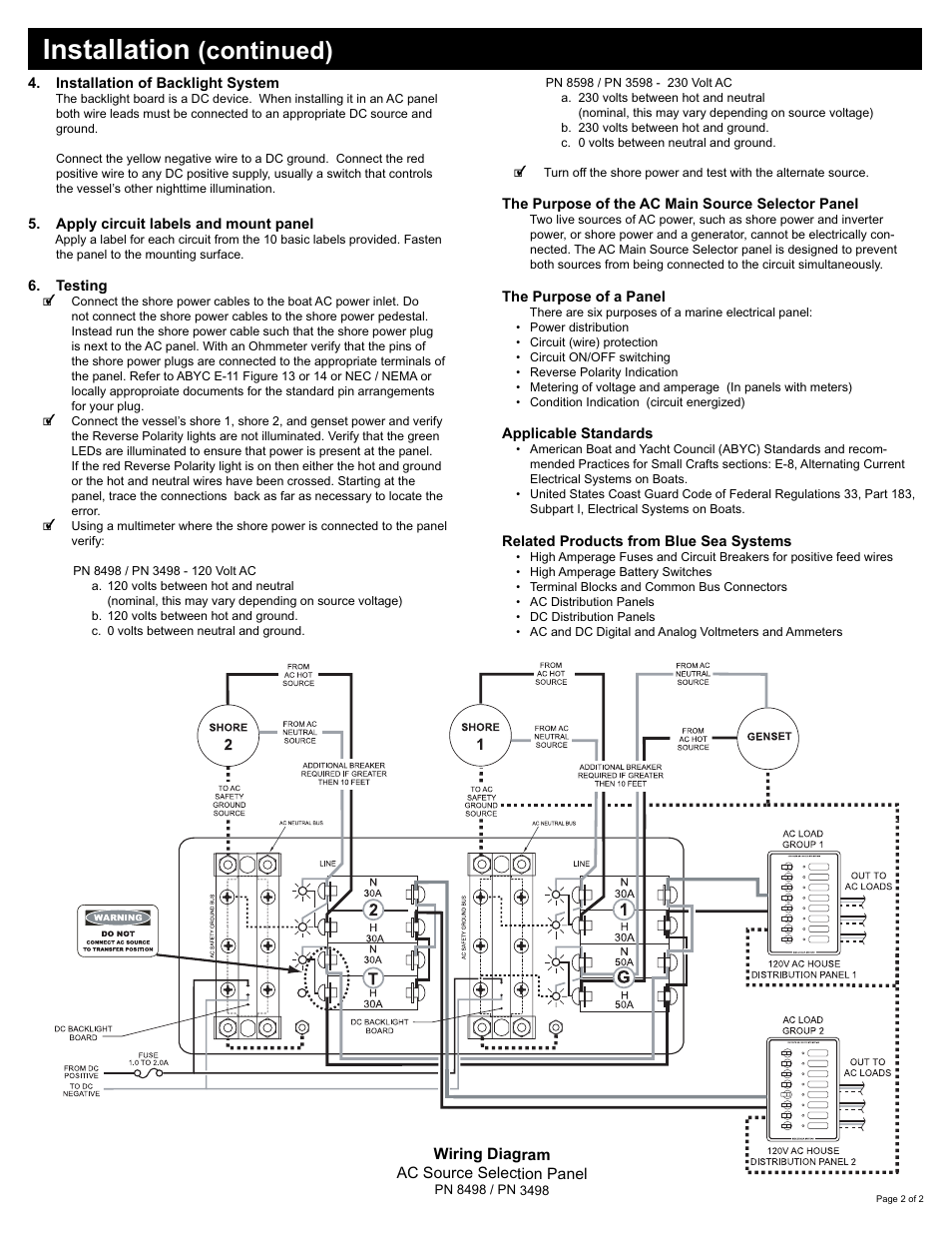 Installation, Continued) | Blue Sea Systems 8498 AC 3 Sources - Horizontal User Manual | Page 2 / 2