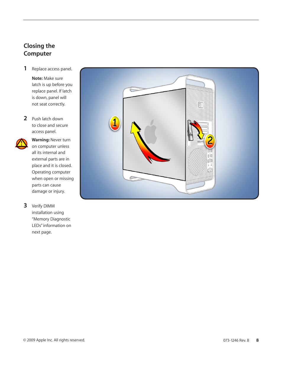 Closing the computer 1 | Apple Mac Pro (Memory DIMMs Replacement) User Manual | Page 8 / 10