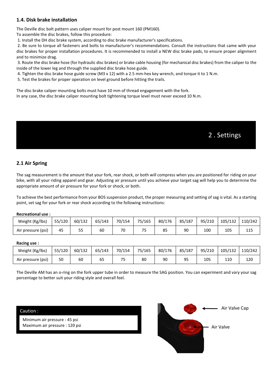 2 . settings, Disk brake installation, 1 air spring | Bos DEVILLE AM 2014 User manual User Manual | Page 4 / 8