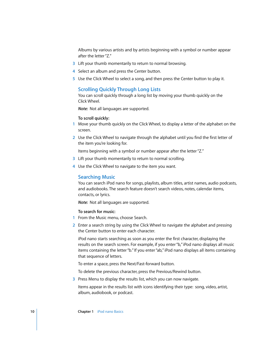 Scrolling quickly through long lists, Searching music | Apple iPod nano User Manual | Page 10 / 80