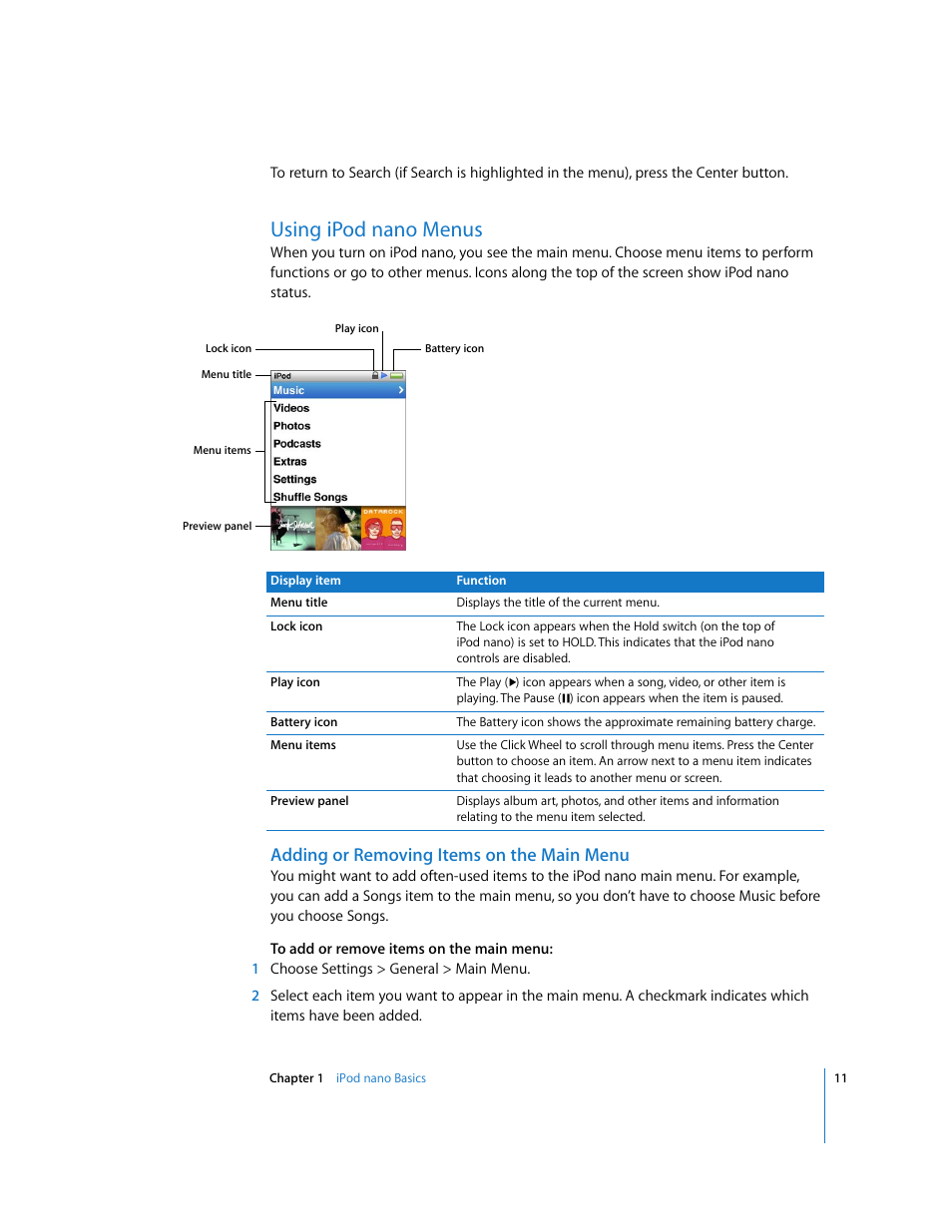 Using ipodnano menus, Adding or removing items on the main menu, Using ipod nano menus | Apple iPod nano User Manual | Page 11 / 80