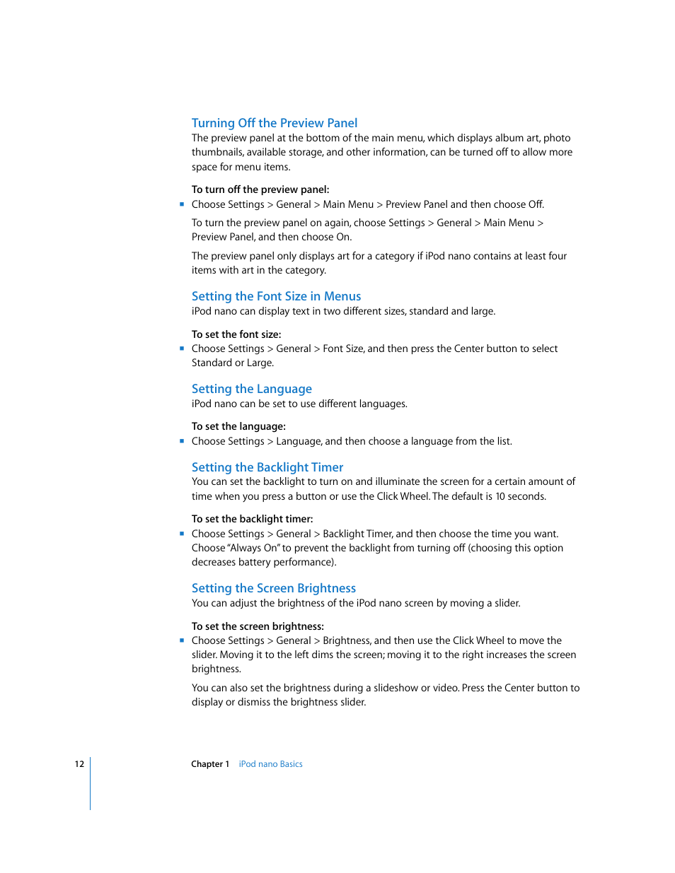 Turning off the preview panel, Setting the font size in menus, Setting the language | Setting the backlight timer, Setting the screen brightness | Apple iPod nano User Manual | Page 12 / 80