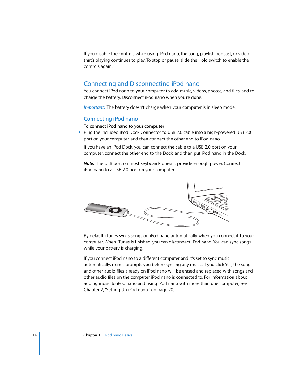 Connecting and disconnecting ipodnano, Connecting ipodnano, Connecting and disconnecting ipod nano | Apple iPod nano User Manual | Page 14 / 80