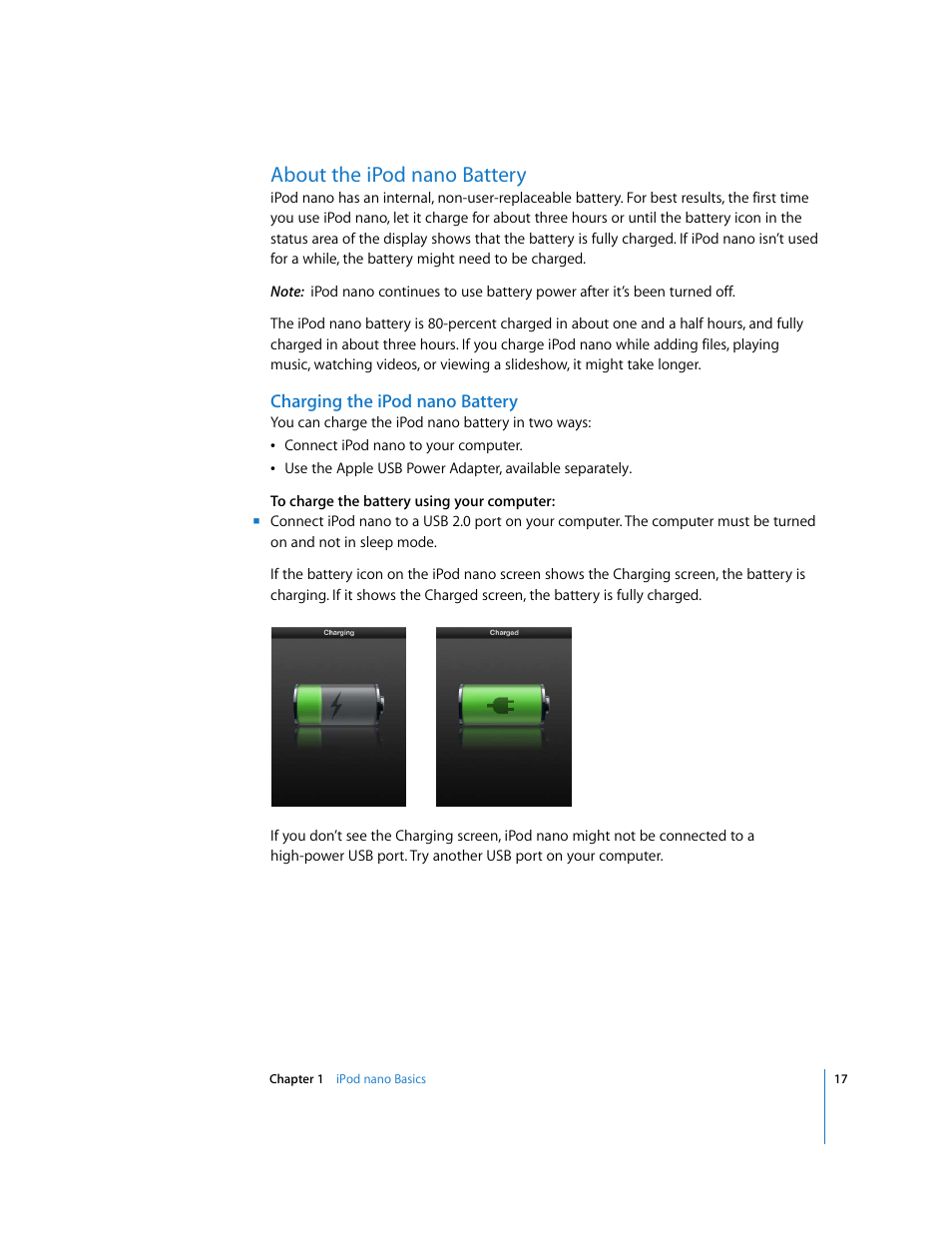 About the ipodnano battery, Charging the ipodnano battery, About the ipod nano battery | Apple iPod nano User Manual | Page 17 / 80