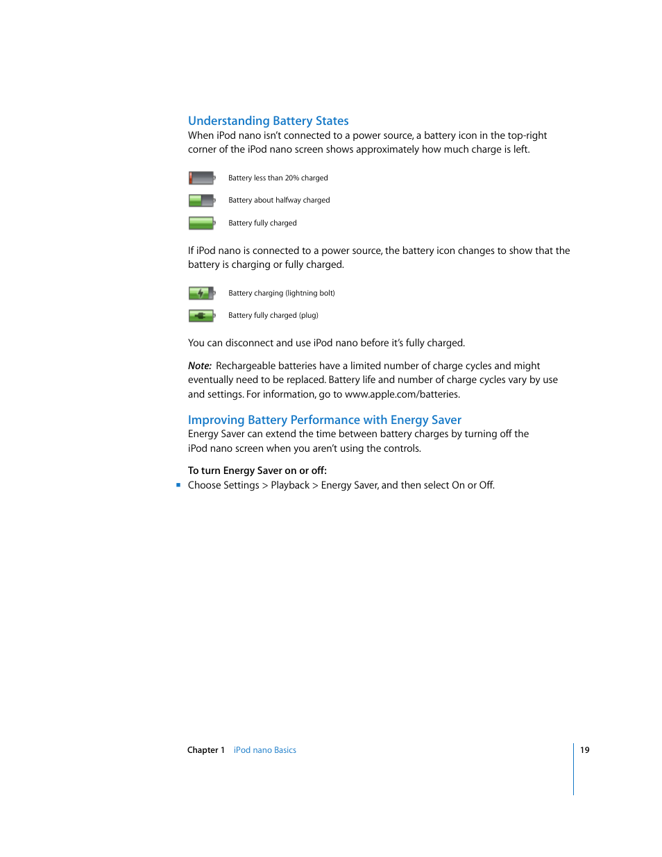 Understanding battery states, Improving battery performance with energy saver | Apple iPod nano User Manual | Page 19 / 80