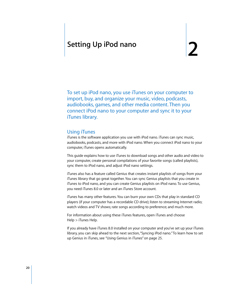 Setting up ipodnano, Using itunes, Chapter 2 | Setting up ipod nano | Apple iPod nano User Manual | Page 20 / 80