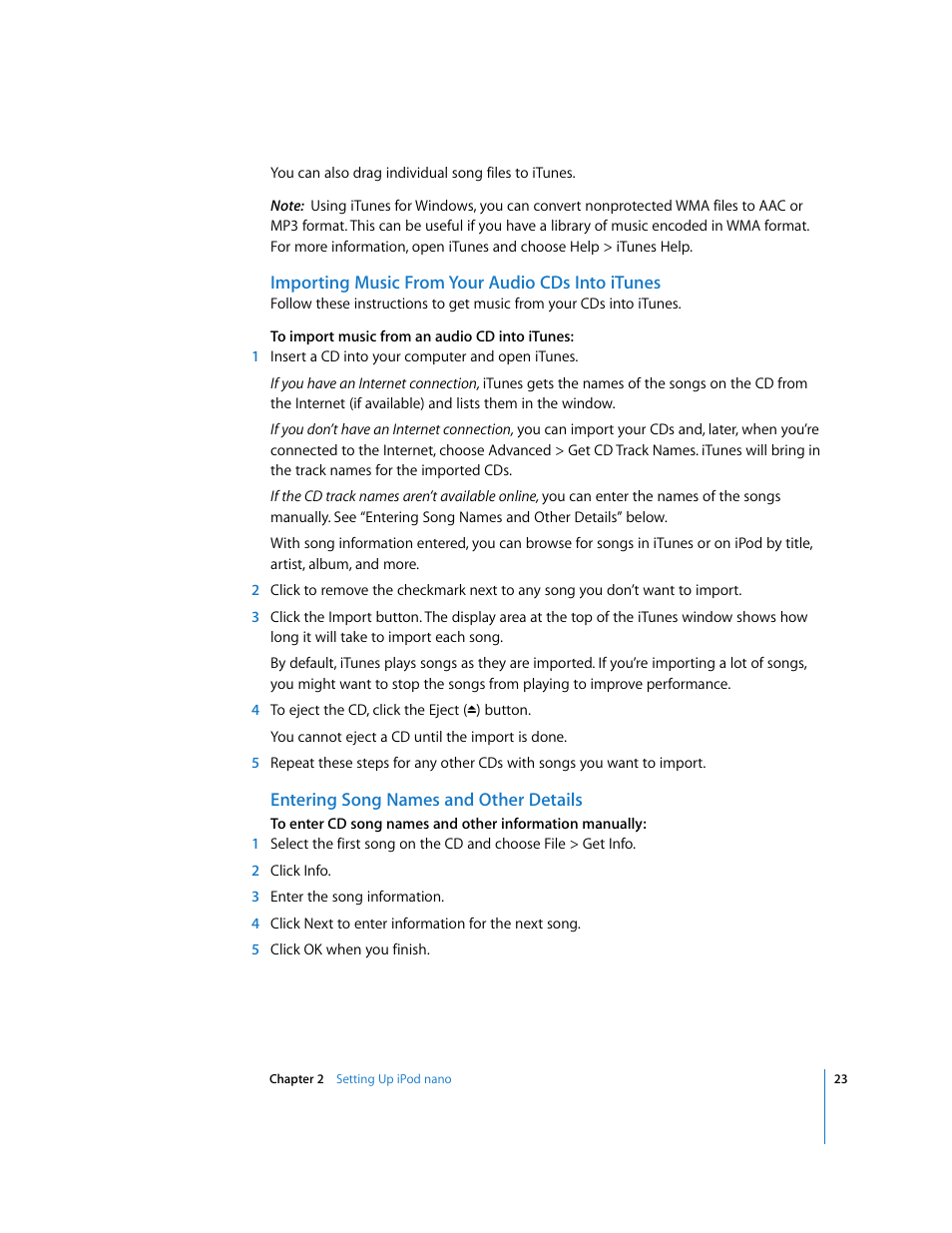 Importing music from your audio cds into itunes, Entering song names and other details | Apple iPod nano User Manual | Page 23 / 80