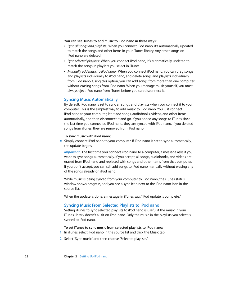 Syncing music automatically, Syncing music from selected playlists to ipodnano | Apple iPod nano User Manual | Page 28 / 80