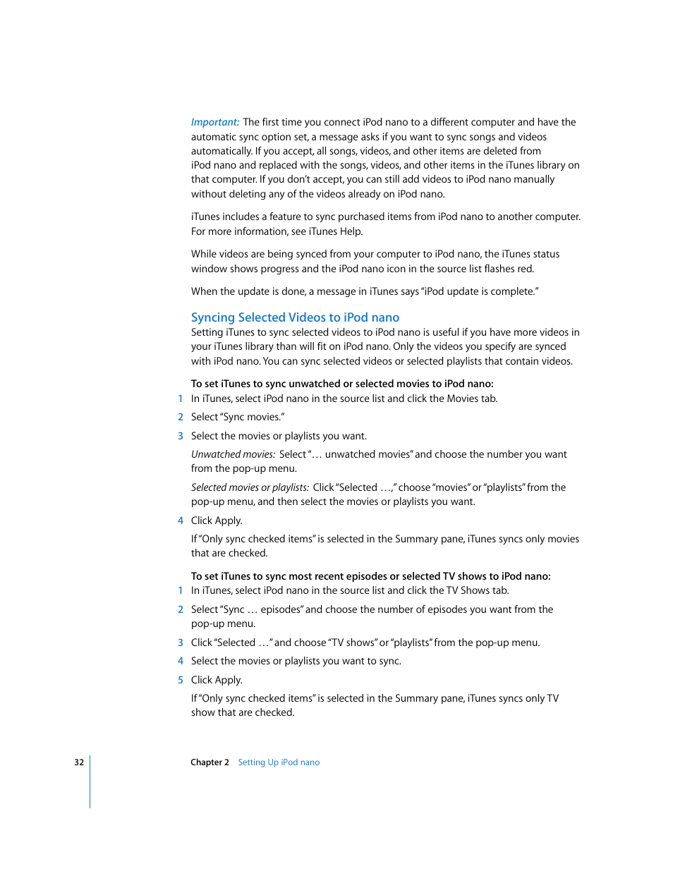 Syncing selected videos to ipodnano | Apple iPod nano User Manual | Page 32 / 80