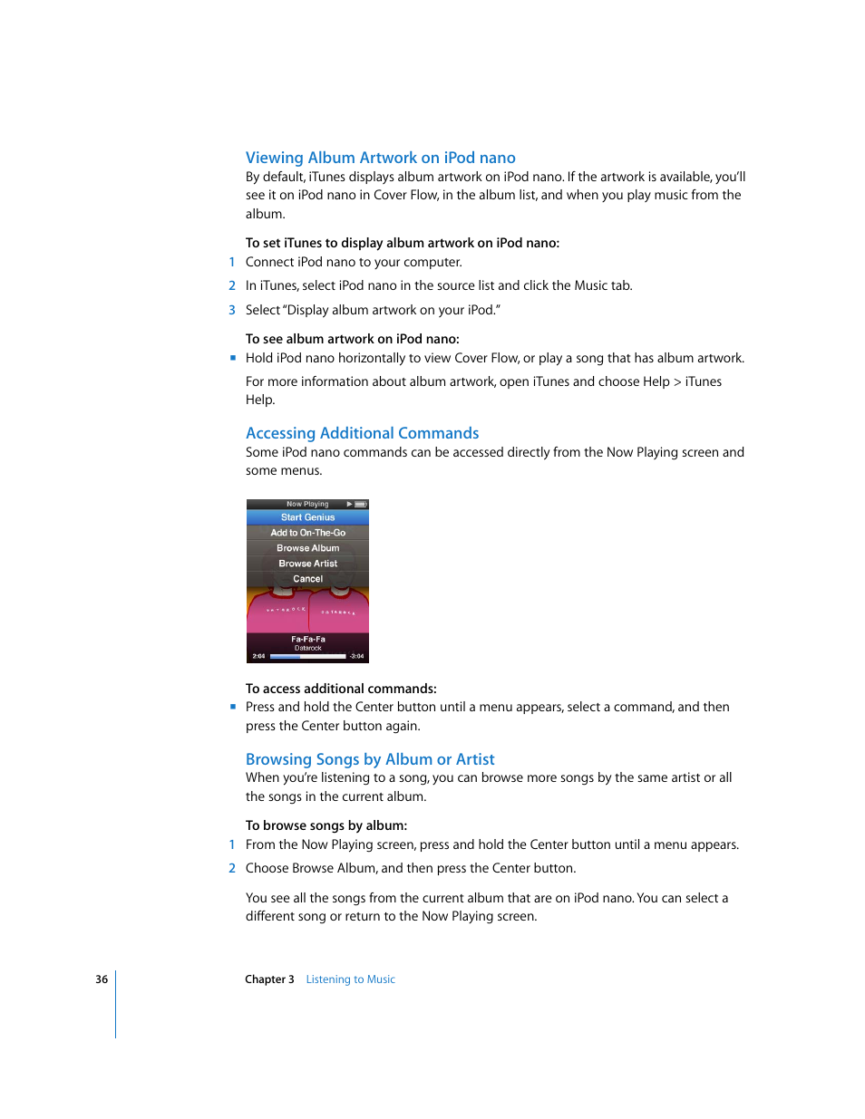 Viewing album artwork on ipodnano, Accessing additional commands, Browsing songs by album or artist | Apple iPod nano User Manual | Page 36 / 80