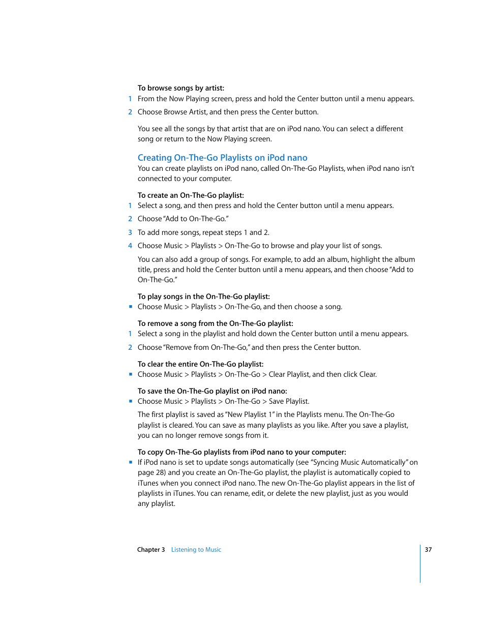 Creating on-the-go playlists on ipodnano | Apple iPod nano User Manual | Page 37 / 80