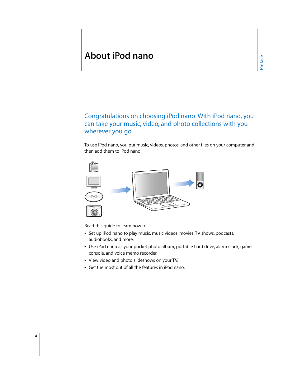 About ipodnano, Preface, About ipod nano | Apple iPod nano User Manual | Page 4 / 80