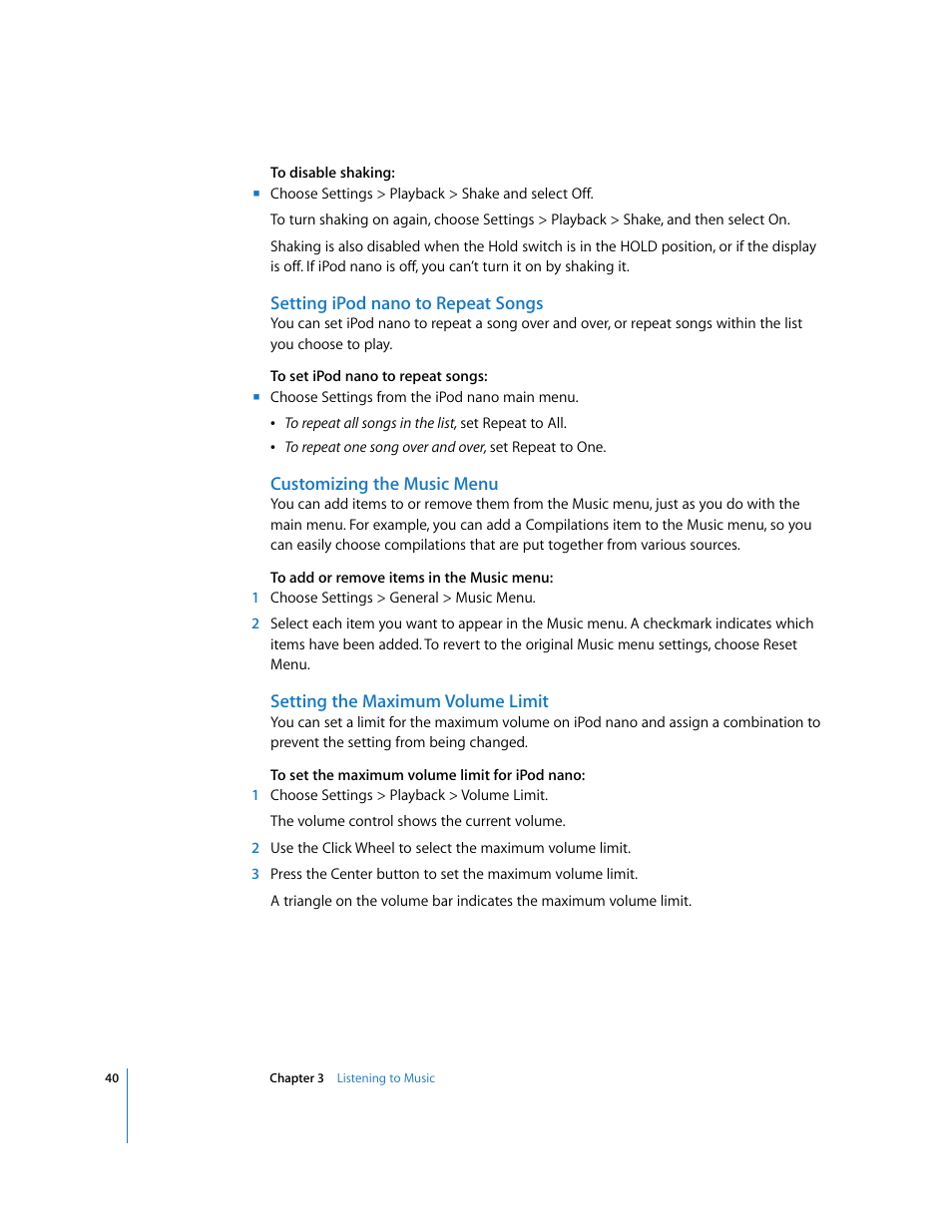 Setting ipodnano to repeat songs, Customizing the music menu, Setting the maximum volume limit | Apple iPod nano User Manual | Page 40 / 80