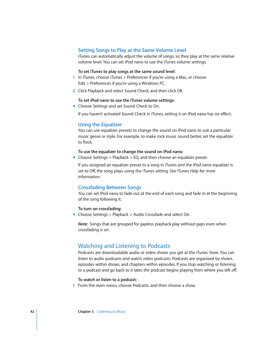 Setting songs to play at the same volume level, Using the equalizer, Crossfading between songs | Watching and listening to podcasts | Apple iPod nano User Manual | Page 42 / 80